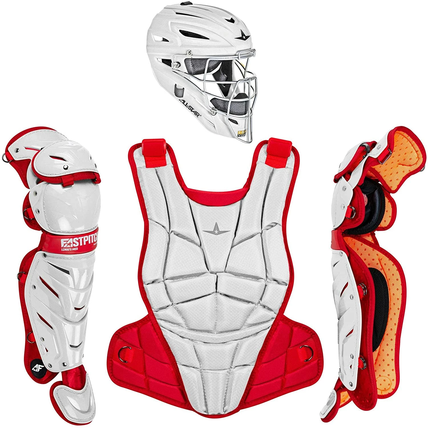 All-Star AFx Series Fastpitch Softball Catcher's Package (White/Scarlet) 3 All-Star AFx Series Fastpitch Softball Catcher's Package (White/Scarlet)