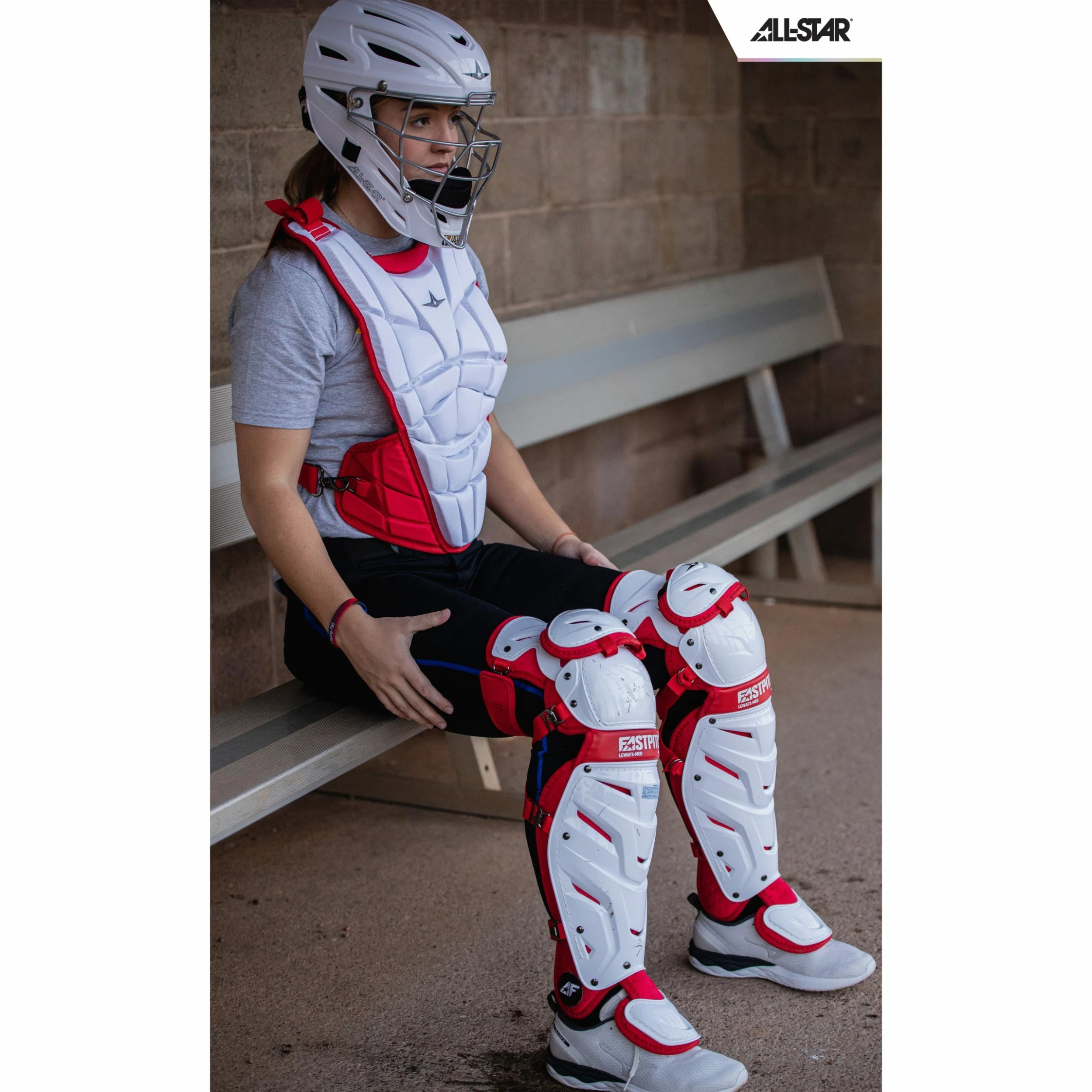 All-Star AFx Series Fastpitch Softball Catcher's Package (White/Scarlet) 5 All-Star AFx Series Fastpitch Softball Catcher's Package (White/Scarlet) - Image 3