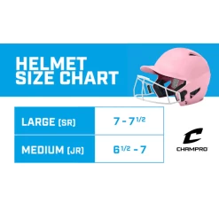 CHAMPRO HX Rise Pro Fastpitch Softball Batting Helmet With Facemask Glossy Finish (Pink) 19 CHAMPRO HX Rise Pro Fastpitch Softball Batting Helmet With Facemask Glossy Finish (Pink) -Cbc Pro Wood Sales CHAMPRO FASTPITCH HELMET WITH FACEMASK SIZE CHART BPINK