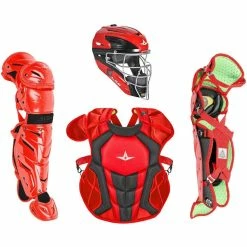 All-Star System 7 Axis Intermediate Baseball Catcher's Set, Chest Protector Helmet Leg Guards (Scarlet/Black)