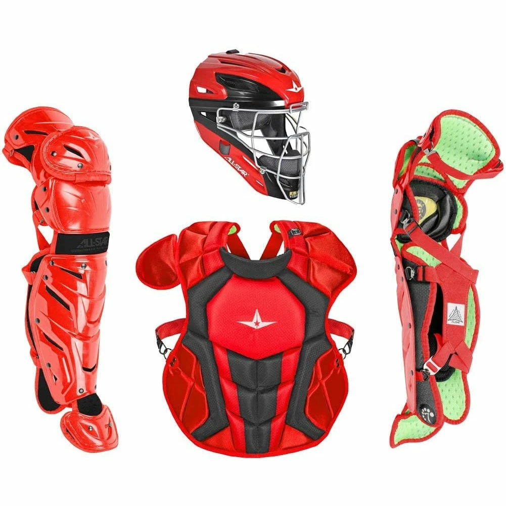 All-Star System 7 Axis Intermediate Baseball Catcher's Set, Chest Protector Helmet Leg Guards (Scarlet/Black) 3 All-Star System 7 Axis Intermediate Baseball Catcher's Set, Chest Protector Helmet Leg Guards (Scarlet/Black)